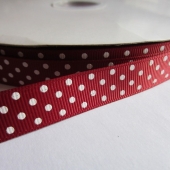 Cinta grosgrain granate con topos blancos 16mm. (Precio por metro)