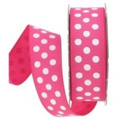 Cinta grosgrain rosa fuerte con topos blancos 9mm. (Precio por metro)