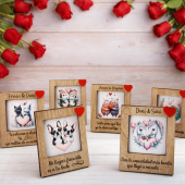 Marco de fotos con soporte o im�n para la nevera fabricado en madera laminada de roble de 3mm. Tama�o 115x95mm. Tama�o foto 67x67mm. Plazo 4-5 d�as laborales